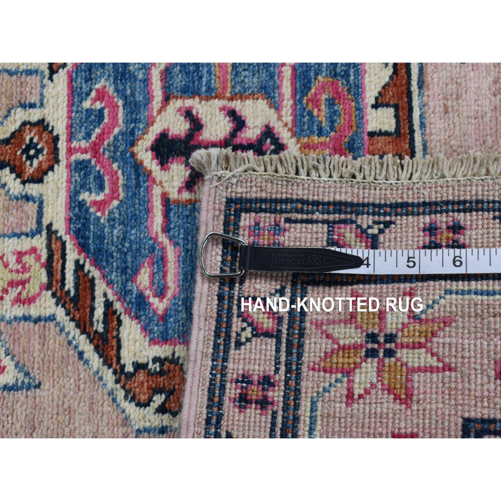 Pastel Pink Hand Knotted Afghan Super Kazak Pure Wool Runner Rug, 2'8"x8'10"