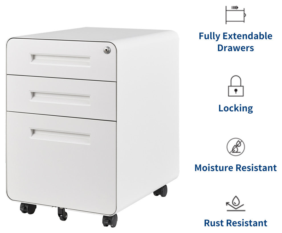 Under Desk File Cabinet, 3 Drawer Mobile Filing Cabinet, Lock, White