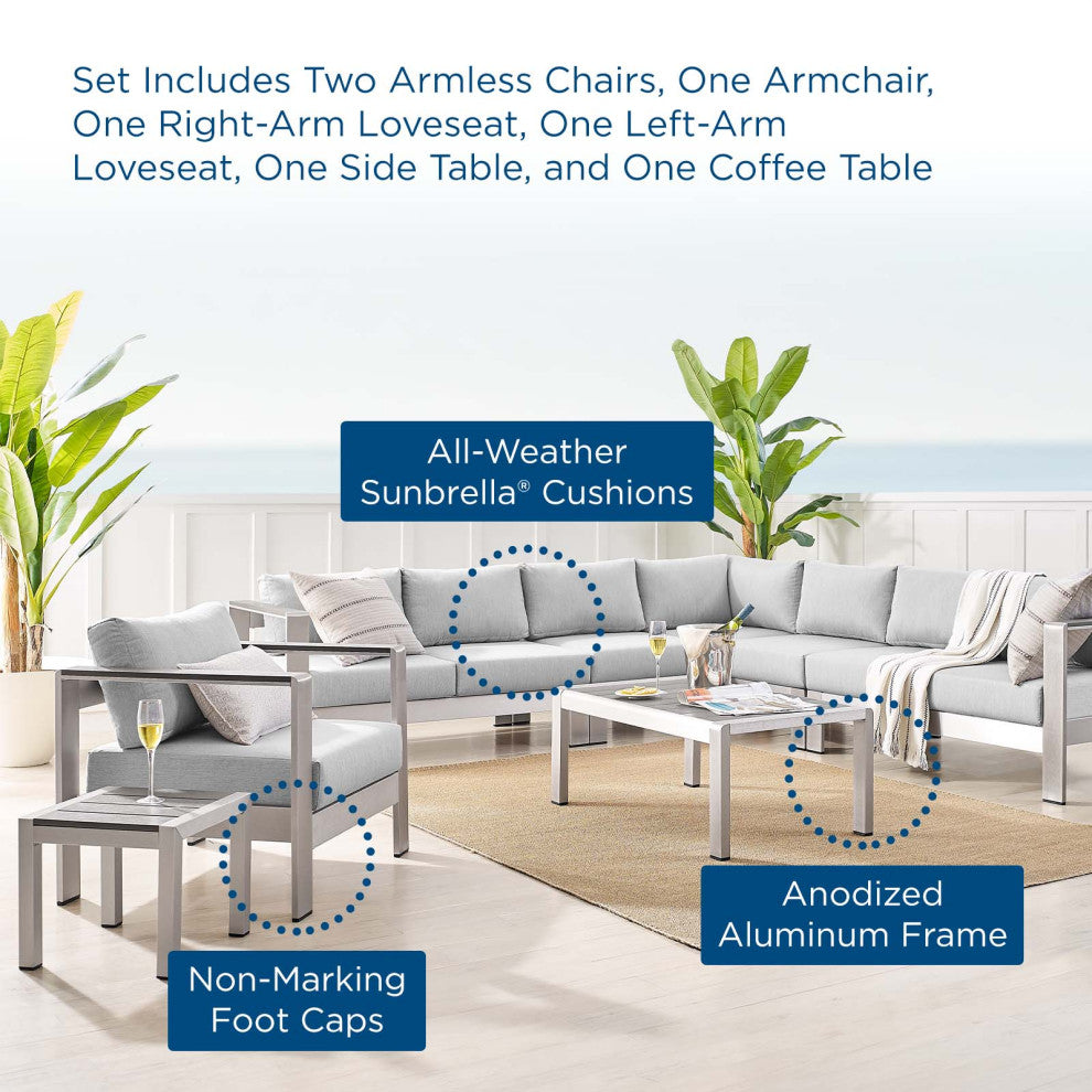 Sectional Sofa Chair Table Set, Sunbrella, Aluminum, Silver Gray, Outdoor