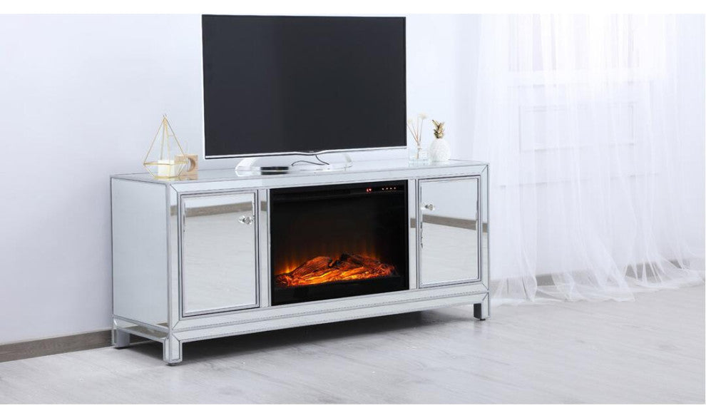 60" Mirrored Tv Stand With Wood Fireplace Insert In Antique Silver
