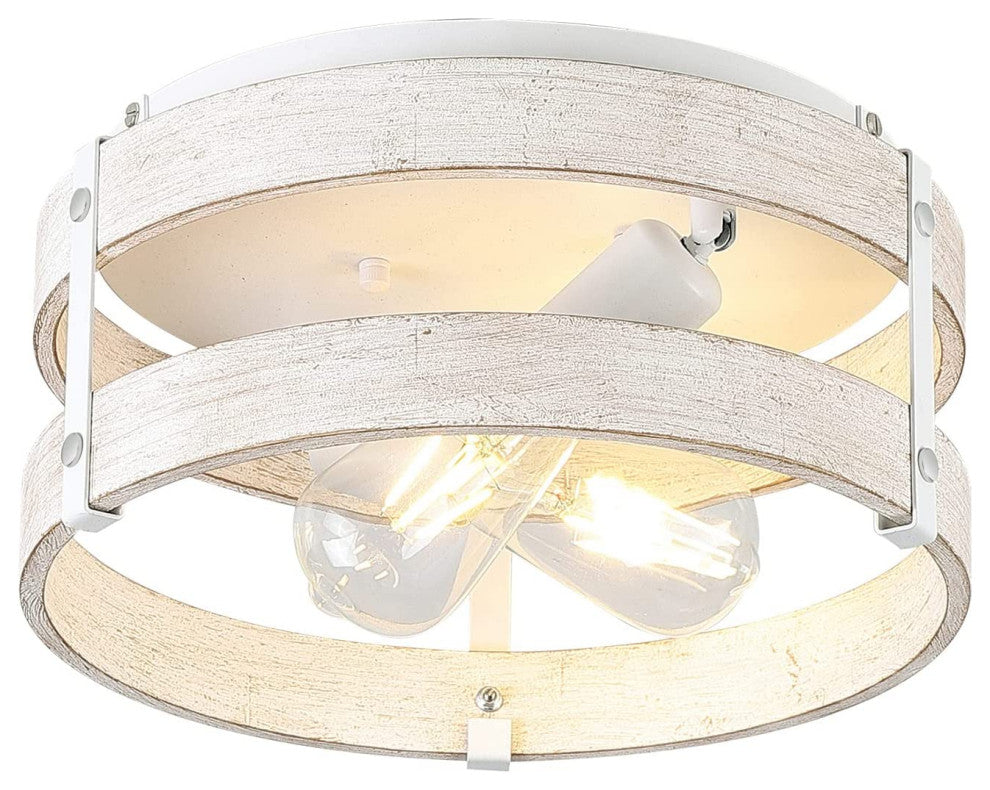 White Flush Mount Ceiling Light Fixture 2 Light Wood Drum Ceiling Lamp