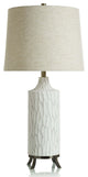 Waylon White Table Lamp Carved Polyresin Body Bronze Accents Oatmeal Shade