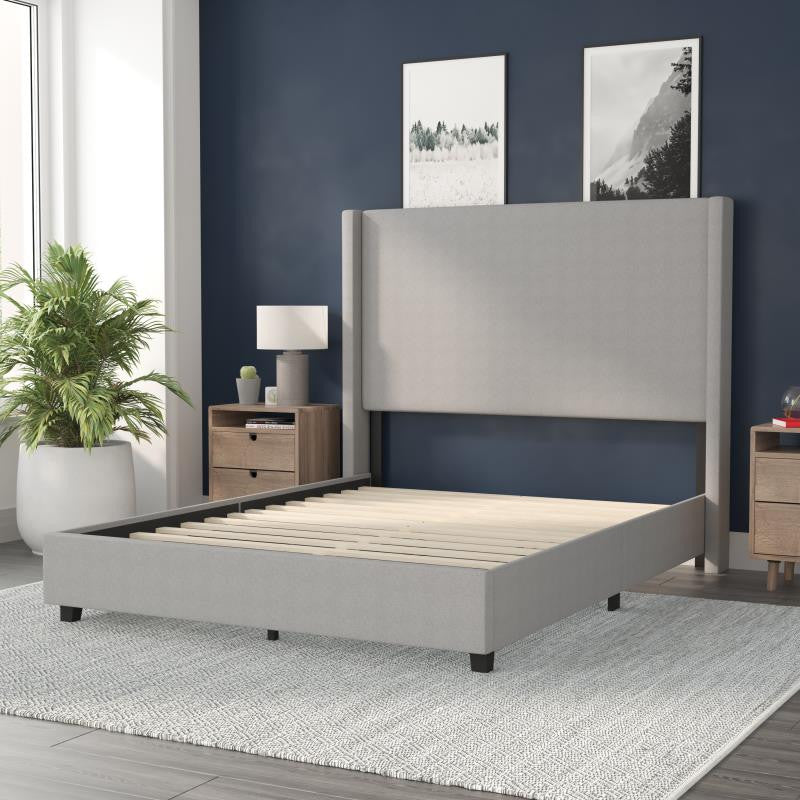 Quinn Upholstered Platform Bed with Channel Stitched Wingback Headboard, Gray, Queen