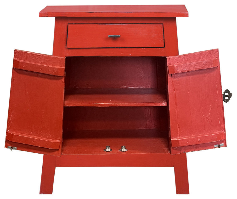 Solid Wood Zen End Table, Distressed Red Nightstand, Fully Assembled Cabinet