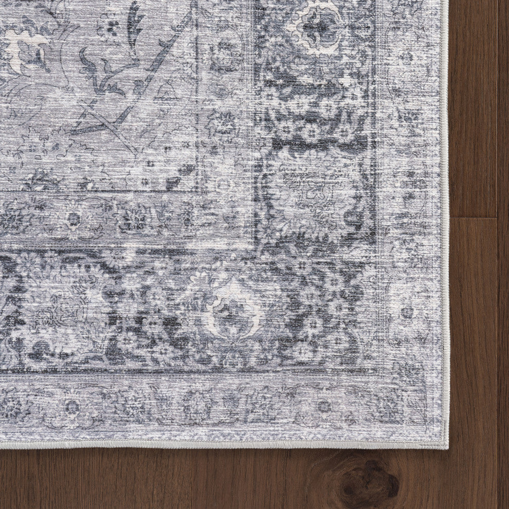 Bayberry Spill Proof Vintage Machine Washable Area Rug, Light Grey 5'x8'