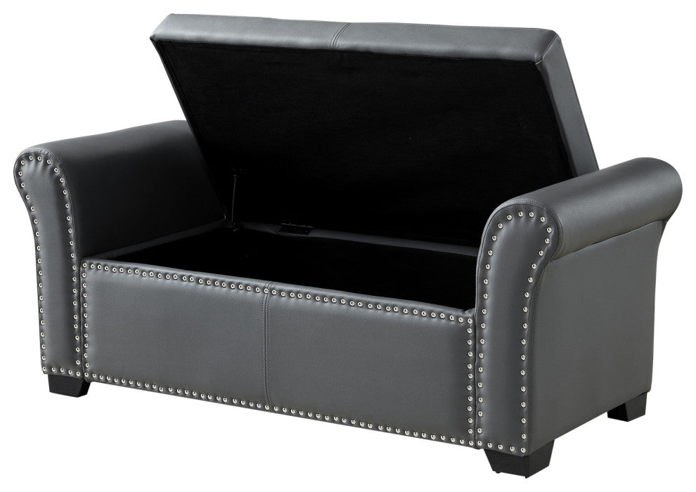 Veber PU Leather Nailhead Trim Storage Ottoman Bench, Gray