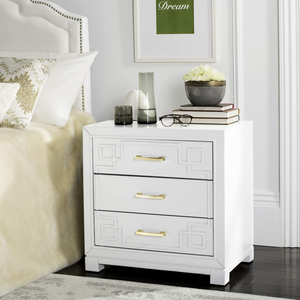 Contemporary White 3-Drawer Greek Key Nightstand