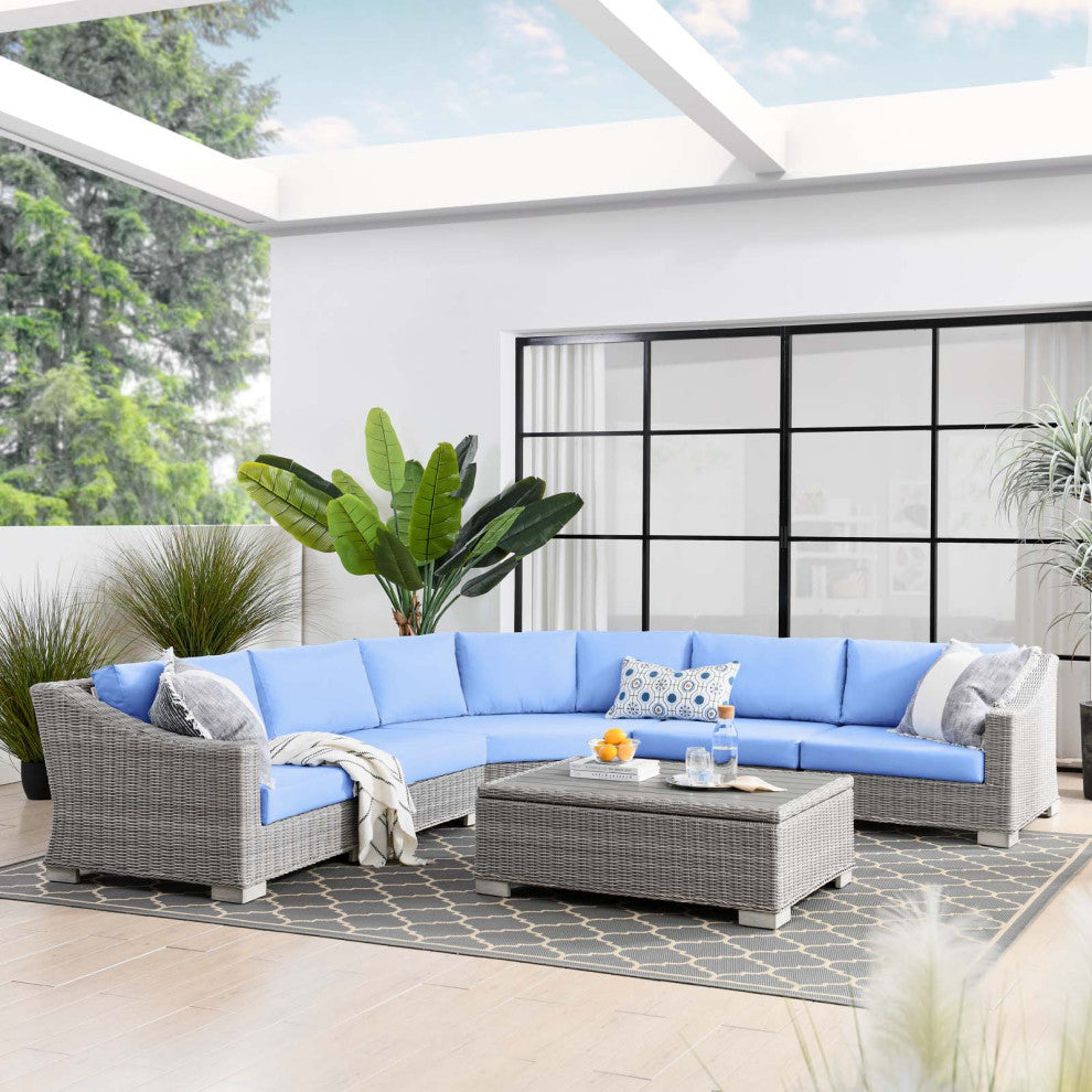 Lounge Sectional Sofa Chair Table Set, Rattan, Wicker, Gray Blue, Outdoor