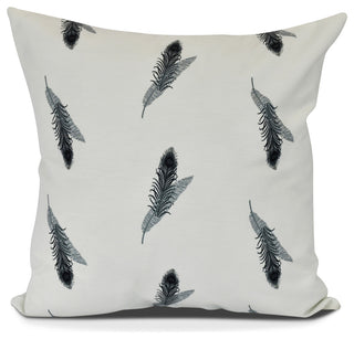 Feather Stripe, Floral Print Outdoor Pillow, Black, 16"x16"