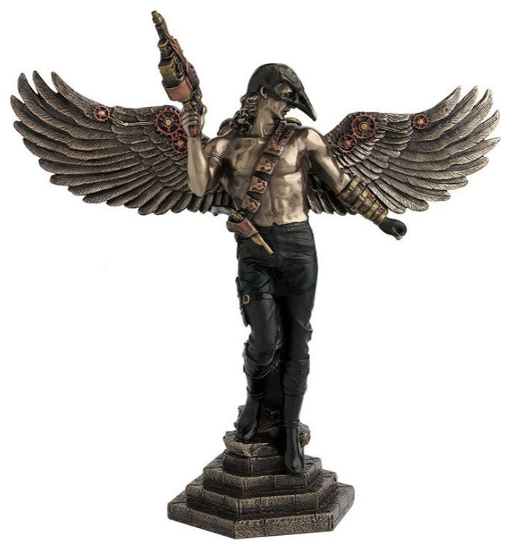 Crow-Masked Winged Steampunk Warrior Statue - Bronze Finish