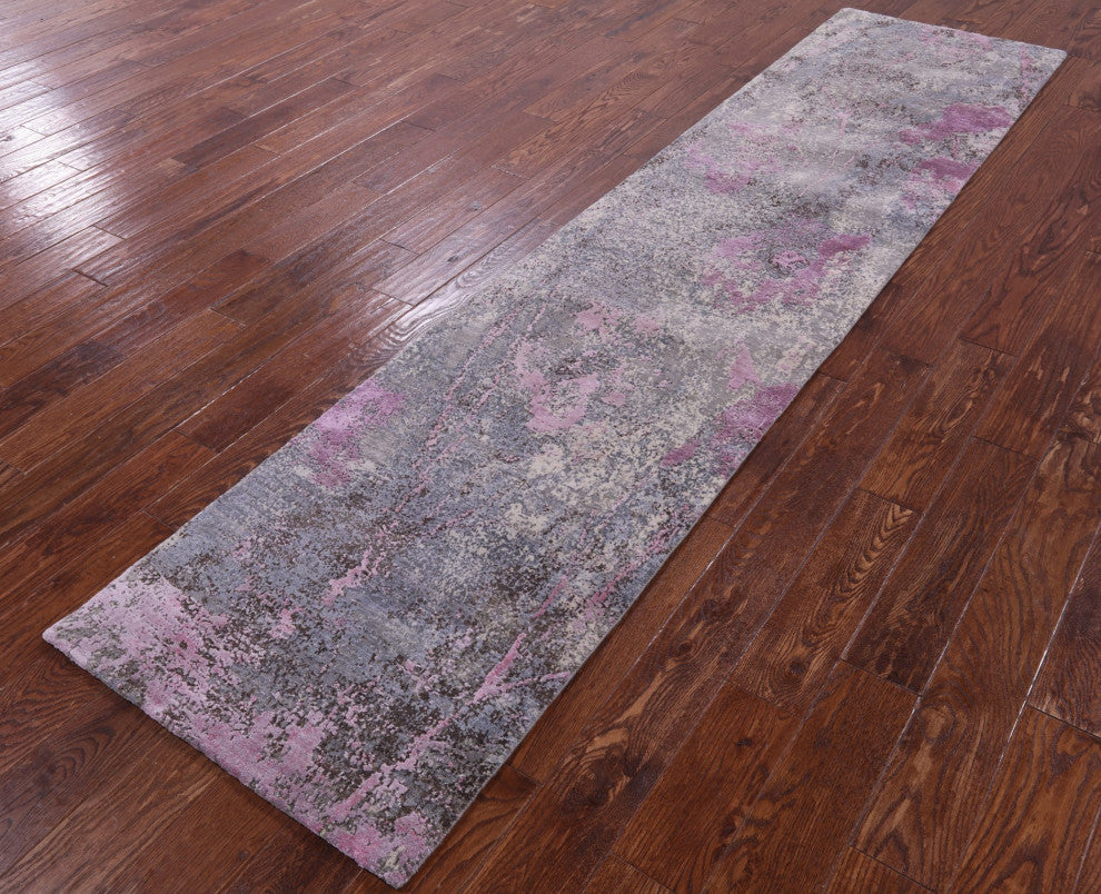 2' 4" X 10' 3" Runner Hand Knotted Wool and Silk Abstract Rug Q9070