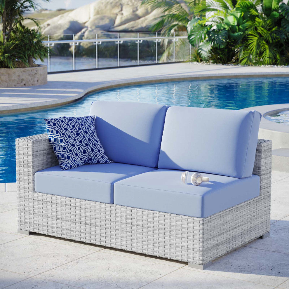 Lounge Loveseat Sofa, Rattan, Wicker, Gray Blue, Modern, Outdoor Patio Cafe