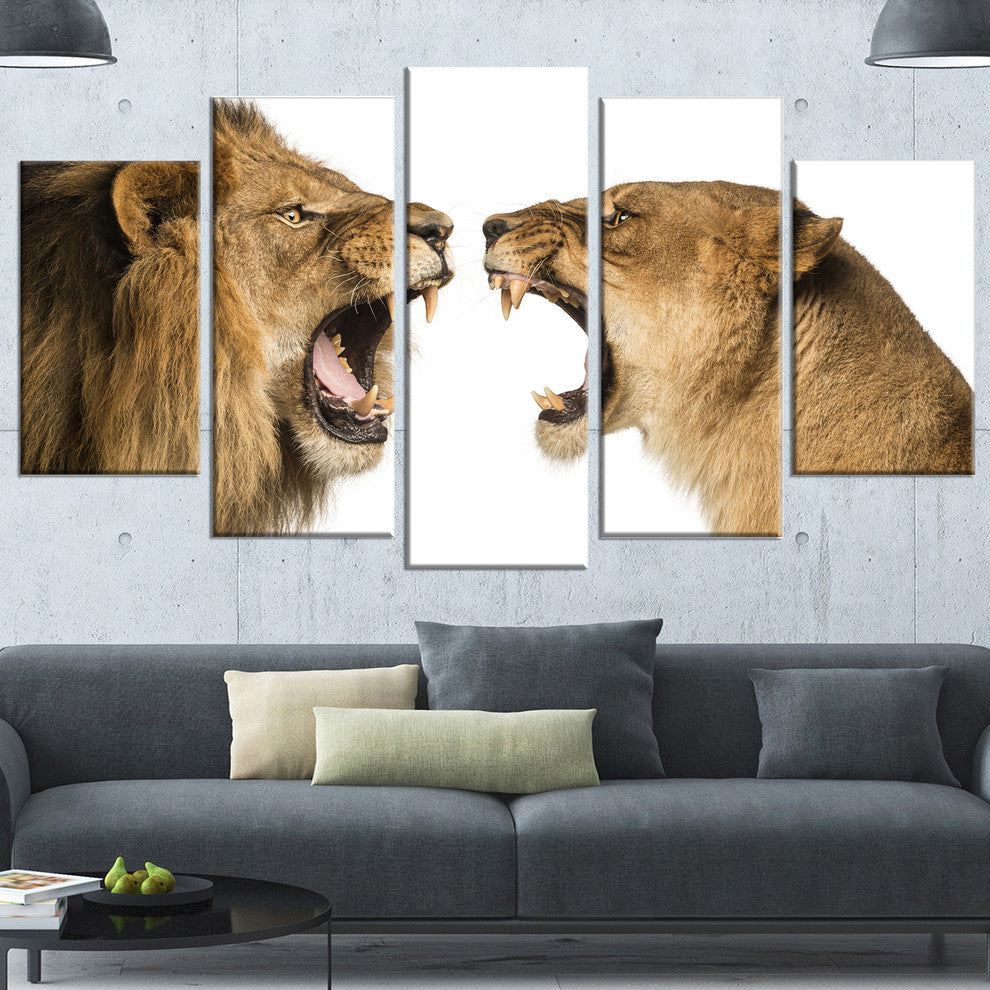 Lion and Lioness Roaring, Abstract Canvas Art Print, 60"x32", 5 Panels