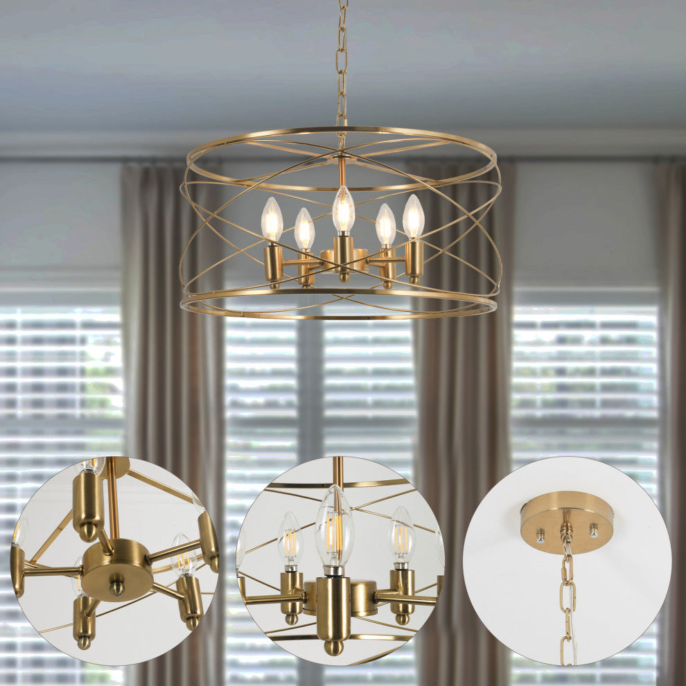 0" Modern Brass Chandelier w 6 Lights, 70 inch Adjustable Hanging Chain