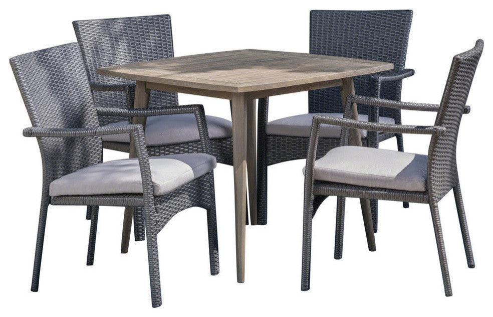 GDF Studio 5-Piece Leah Outdoor Wood and Wicker Dining Set, Gray and Gray