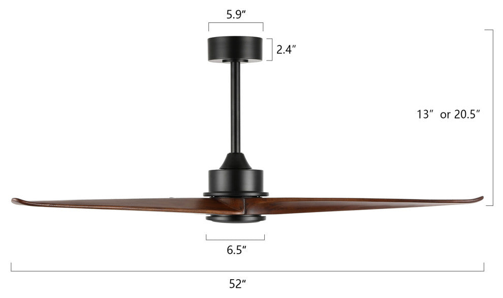 52" Solid Wood 3-Blade Propeller Ceiling Fan With Remote, Black/Walnut