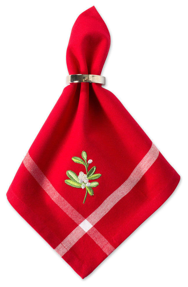 DII Red Embroidered Mistletoe Corner With Border Napkin, Set of 6