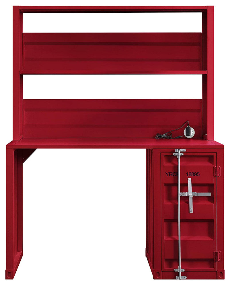Unique Cargo Desk, Metal Frame With Integrated Hutch and Storage Cabinet, Red