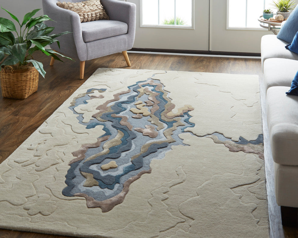 Weave & Wander Arwyn Modern Wool Rug, Blue/Beige, 8'x10'