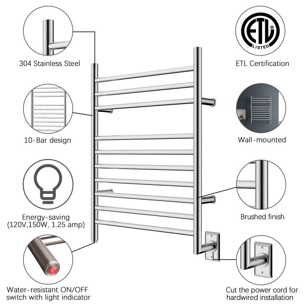 Heatgene Wall Mounted 10 Bar Hardwired Towel Warmer, Brush Polish