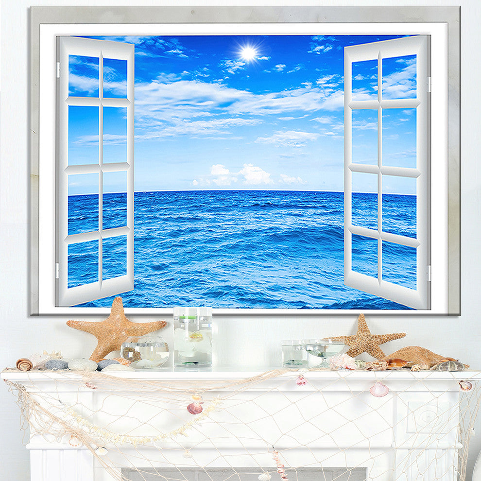 "Window Open To Blue Wavy Ocean" Seashore Wall Art, 32"x16"