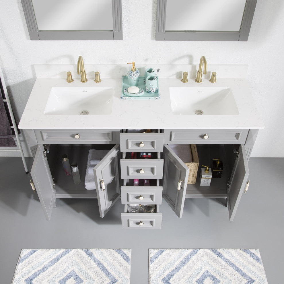 60 In Bathroom Vanity Set with 2Pcs 26 Inch Mirrors, Quartz Top, cUPC Certified, Titanium Grey