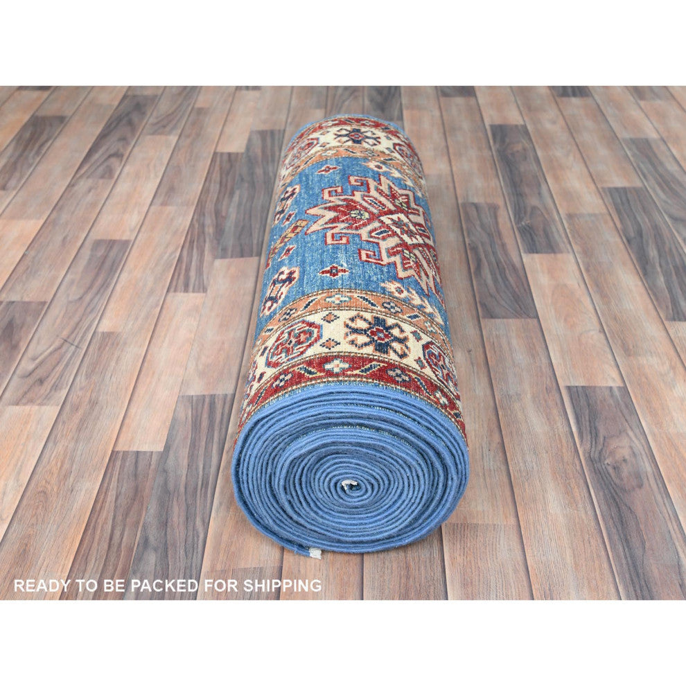 Denim Blue Soft Wool Hand Knotted Afghan Super Kazak XL Runner Rug, 2'6"x33'6"