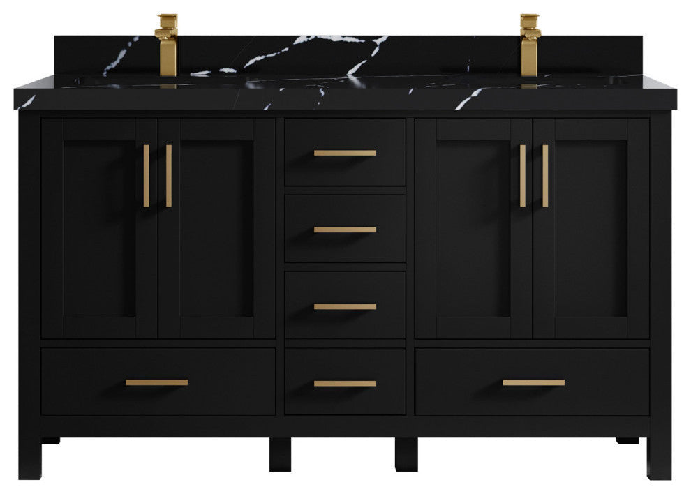 Malibu 60 Double Sink Bathroom Vanity in Black 2" Calacatta Black