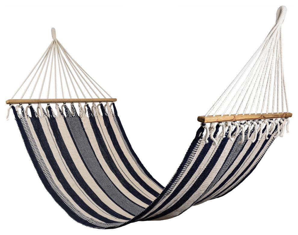 Triple Weave Black and Natural Cotton Hammock, Wooden Bar