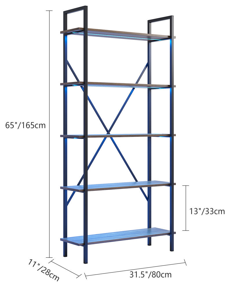 Multifunctional Smart Industrial 5-Shelf Bookcase W/ Tricolor Dimming LED Light,