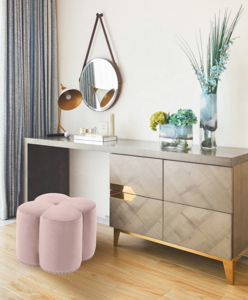 Clover Velvet Upholstered Ottoman, Pink, 19" W x 17" D