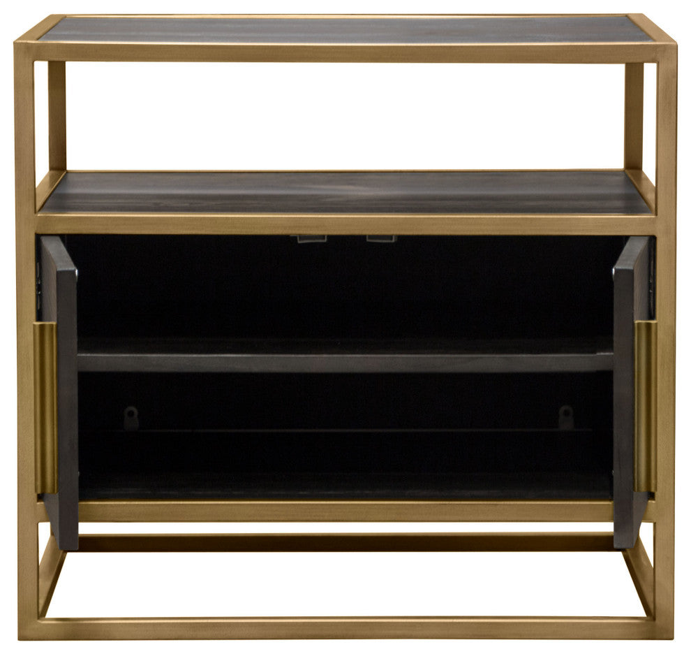 Empire 2-Door End Table, Dark Brown Veneer With Hand brushed Gold Metal Frame