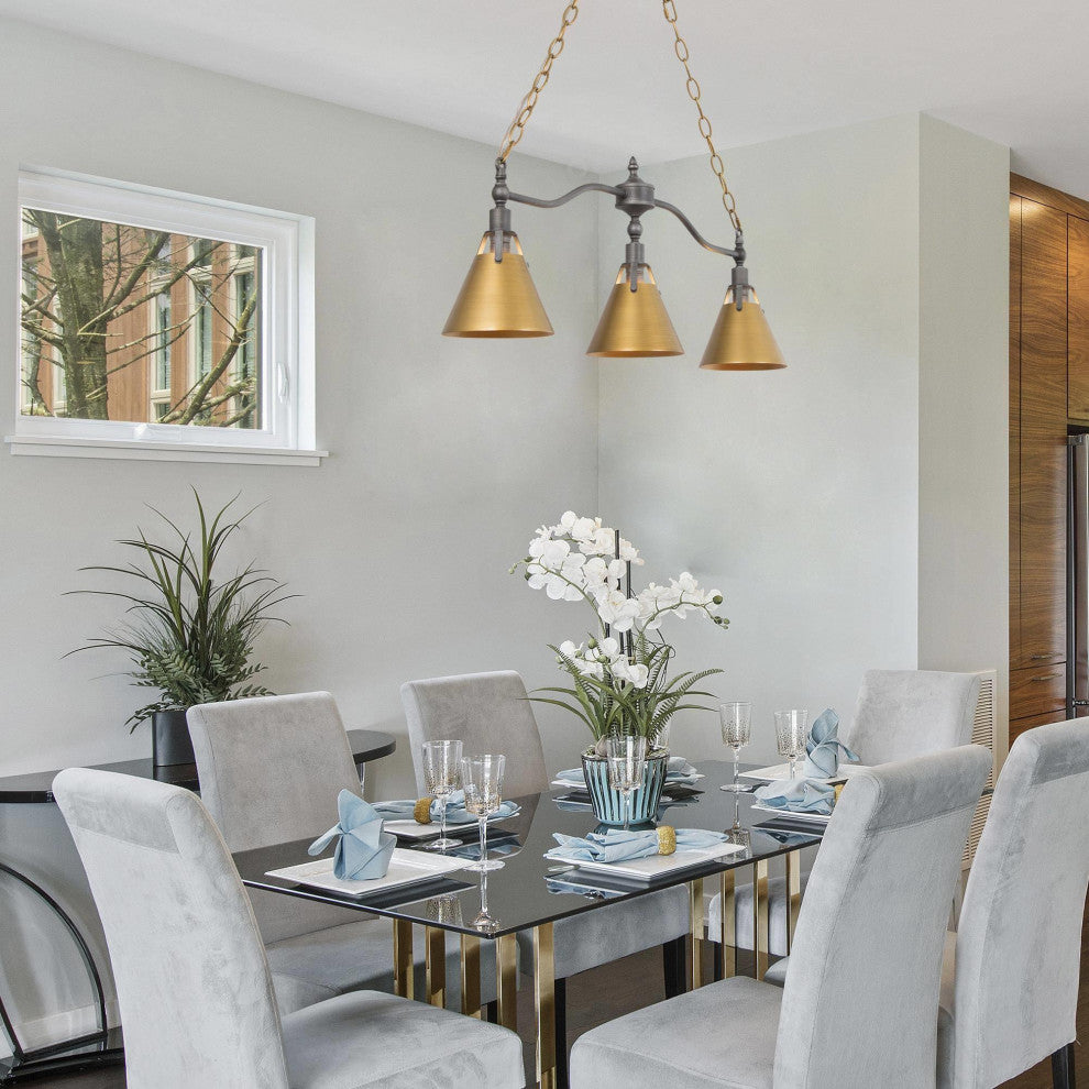 3-Lights Antique Gold and Gray Contemporary LED Kitchen Island Lamp