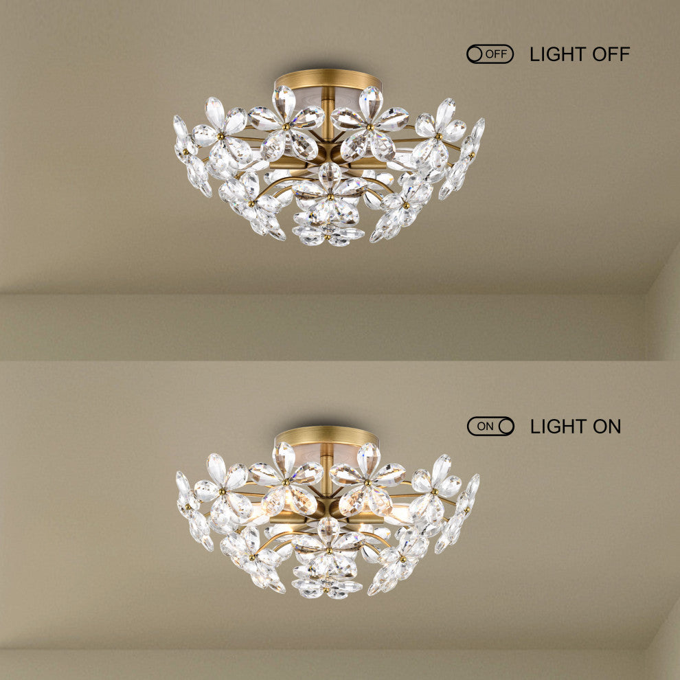 Grace 6-Light Crystal Glass Flower Flush Mount, Brushed Brass Finish