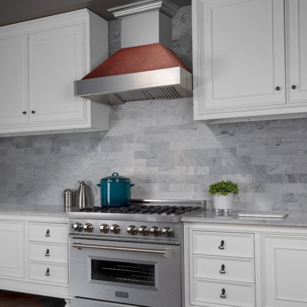 Ducted DuraSnow Stainless Steel Range Hood with Hand-Hammered Copper Shell