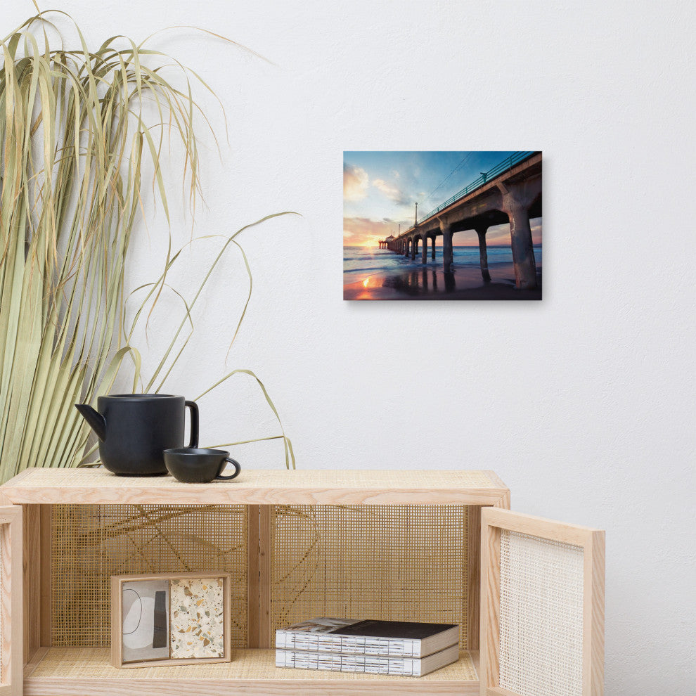 Tranquil Manhattan Beach Pier at Sunset Landscape Photo Canvas Wall Art Print, 12" X 16"