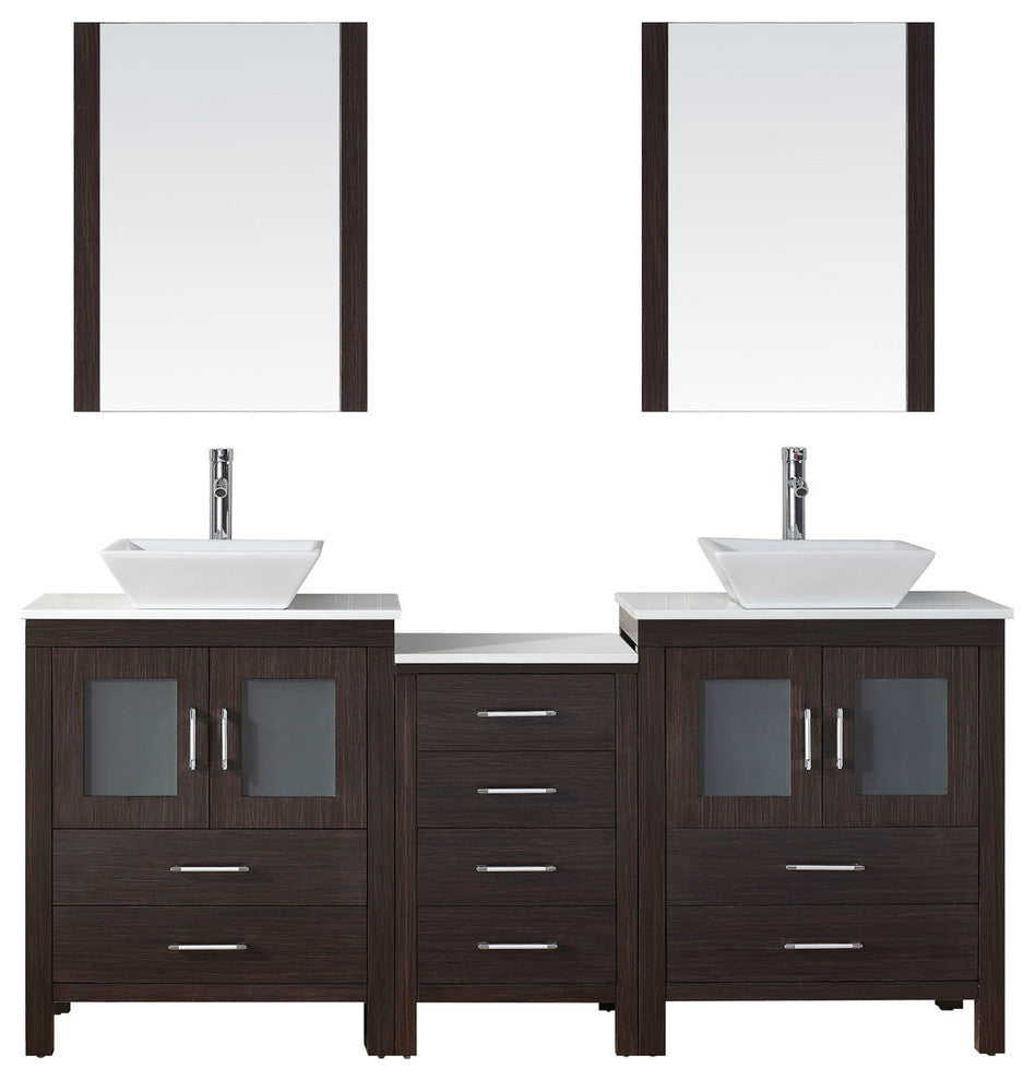 Virtu Dior 74" Double Bathroom Vanity, Espresso With Faucet and Mirrors