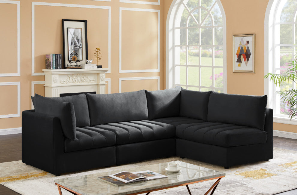Jacob Velvet Upholstered 4-Piece L-Shaped Modular Sectional, Black