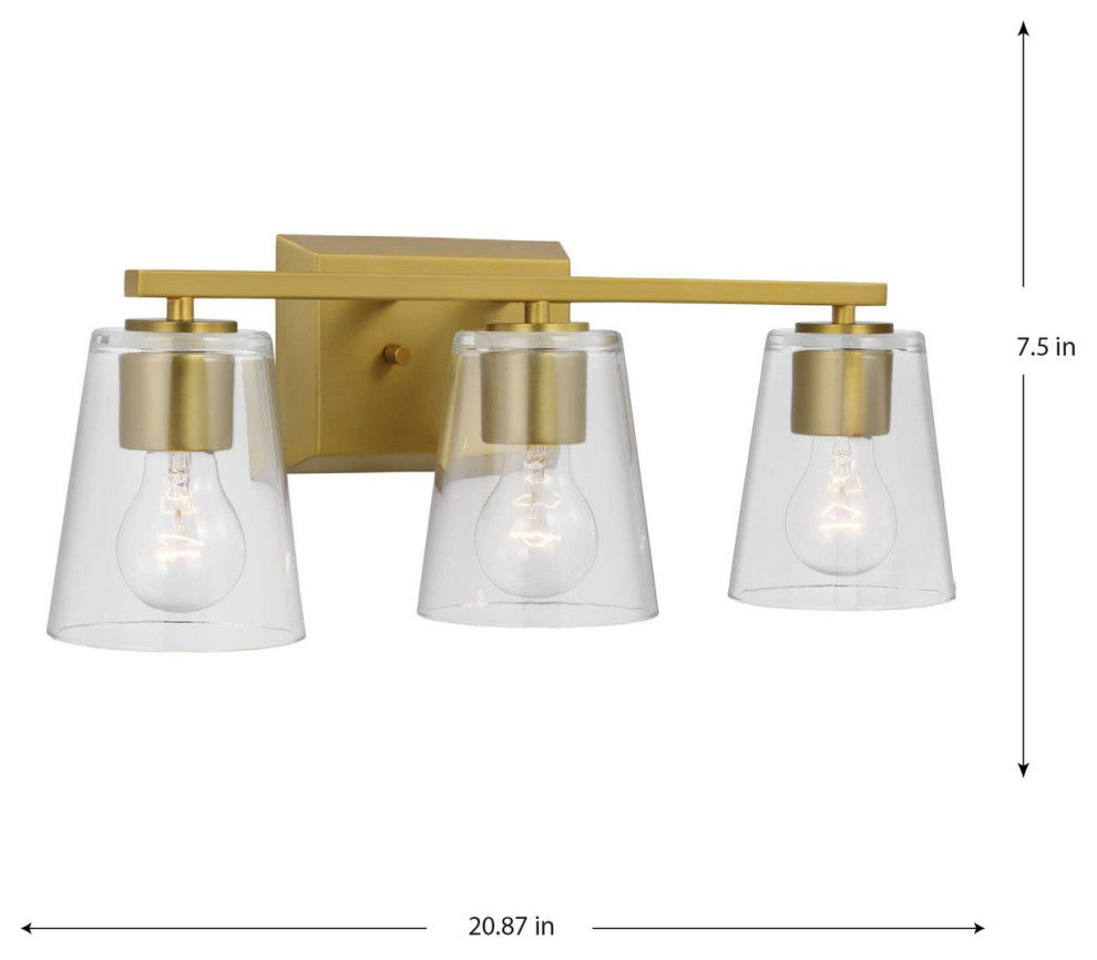 Vertex Collection Three-Light Brushed Gold Clear Glass Contemporary Bath Light