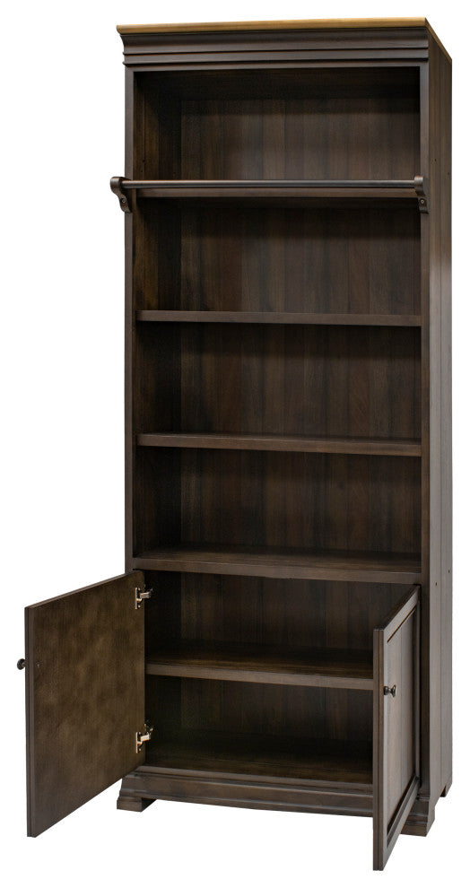 Executive Bookcase Wall With Wood Ladder, Fully Assembled, Brown