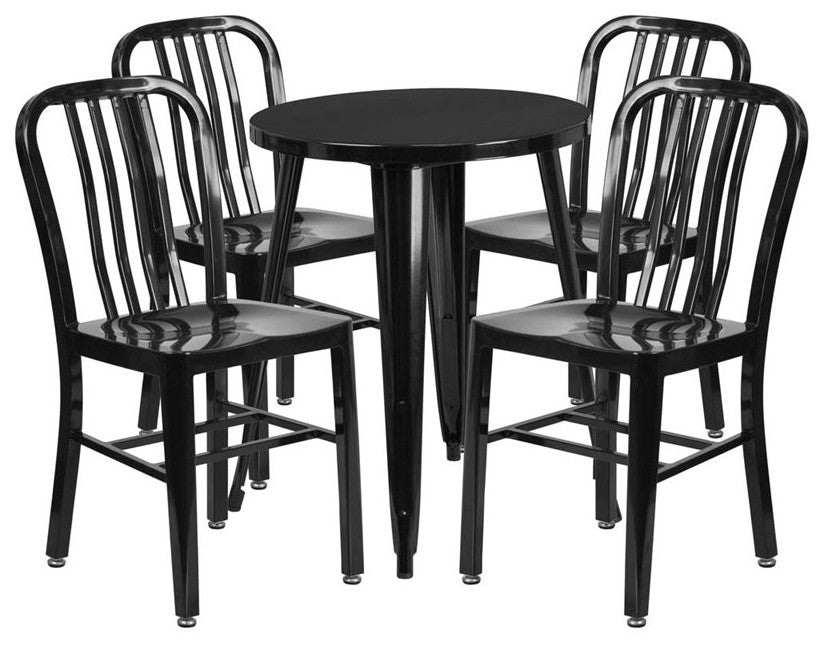 24'' Round Black Metal Indoor-Outdoor Table Set With 4 Vertical Slat Back Chairs