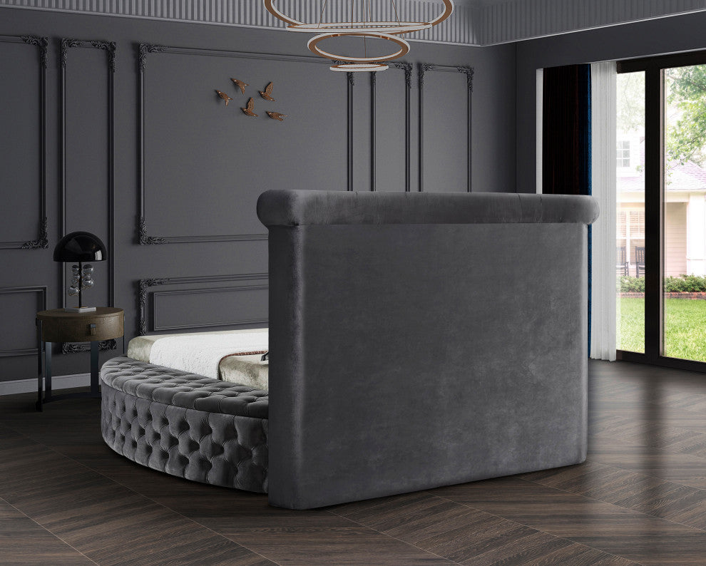 Luxus Button Tufted Velvet Round Bed, Gray, Full