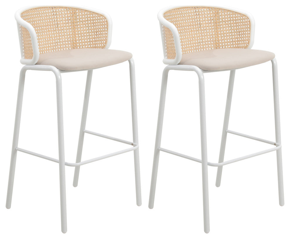 LeisureMod Ervilla Bar Stool With White Coated Steel Frame Set of 2, Beige