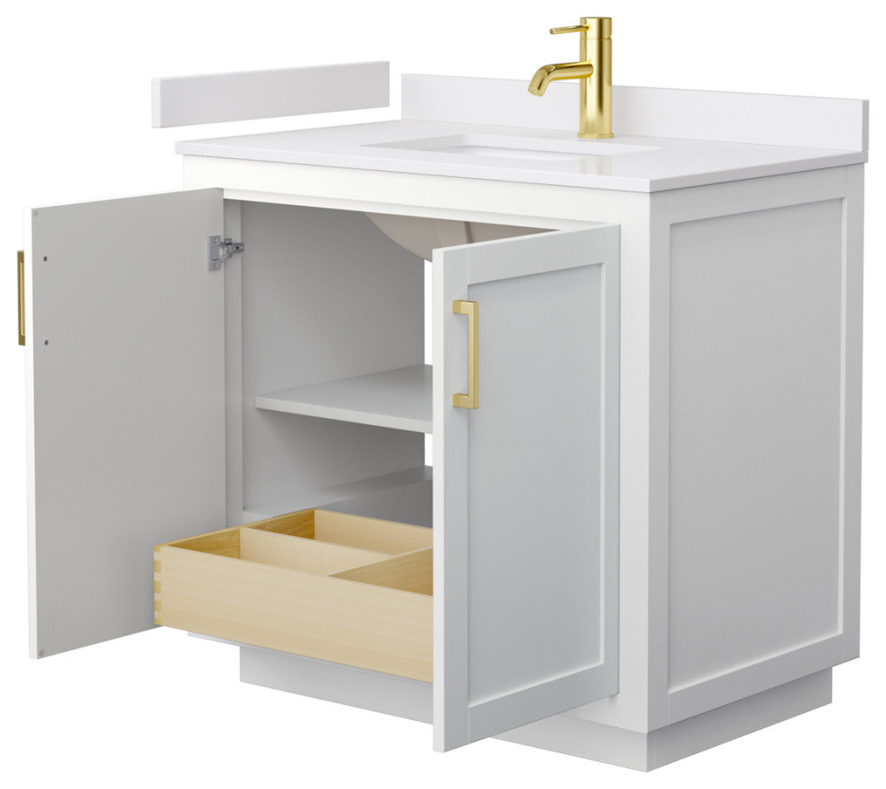 36" Single Bath Vanity, White, White Cult. Marble Countertop, Sink, Gold Trim