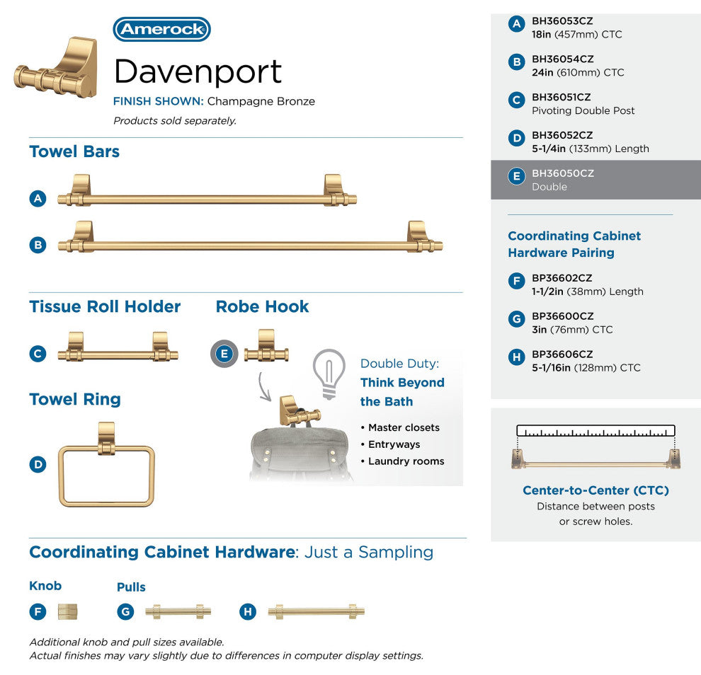 Davenport Transitional Double Robe Hook, Champagne Bronze