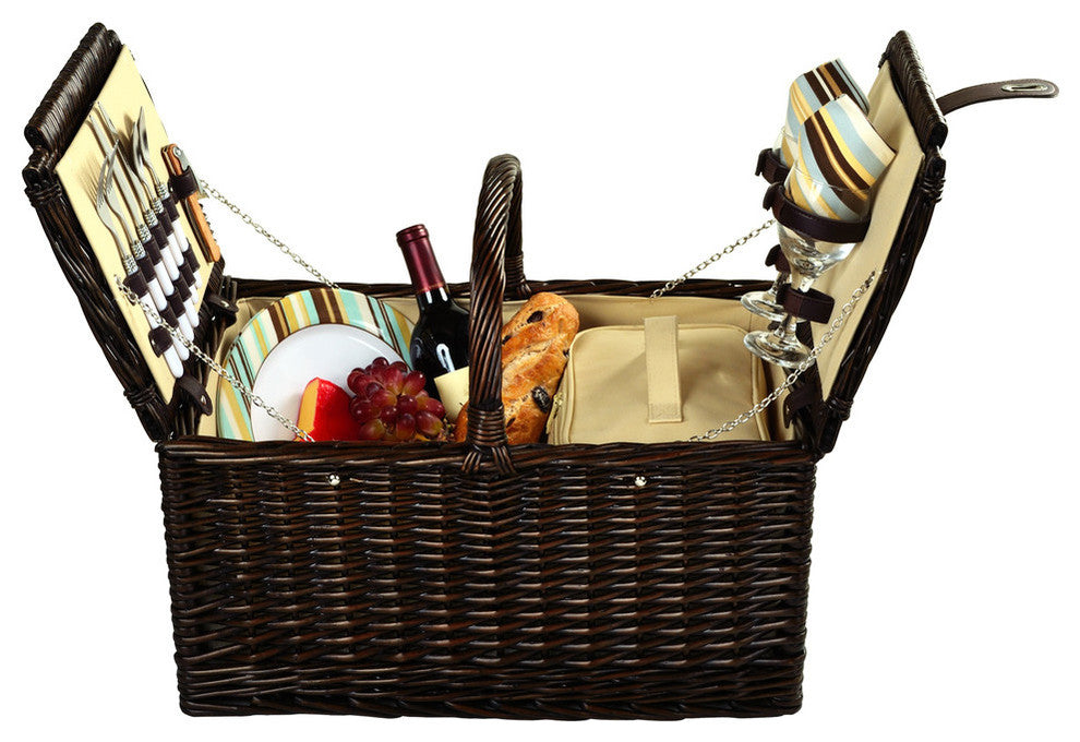 Surrey Picnic Basket For Two, Brown Wicker and Sc Stripe
