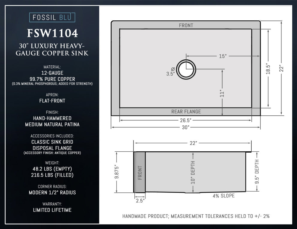 Luxury 30-Inch Heavy 12-GAUGE Med. Patina Copper Farmhouse Sink, Flat Front