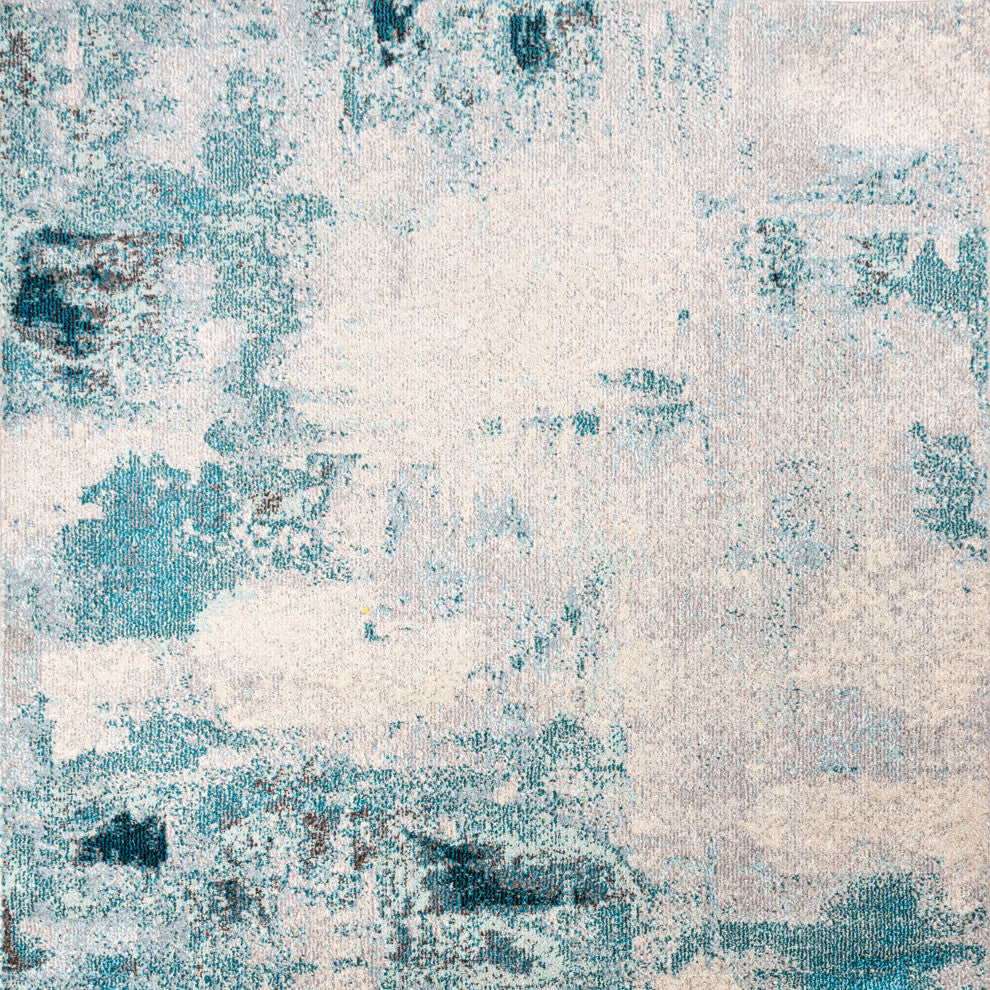 Contemporary POP Modern Abstract Vintage Area Rug, Cream/Blue, 7'10" Square