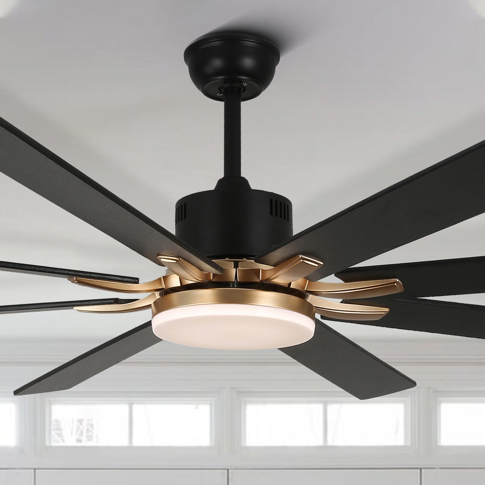 Large 72" Modern 8 Wood Blades Ceiling Fan w Dimmable LED Light Kit , Black