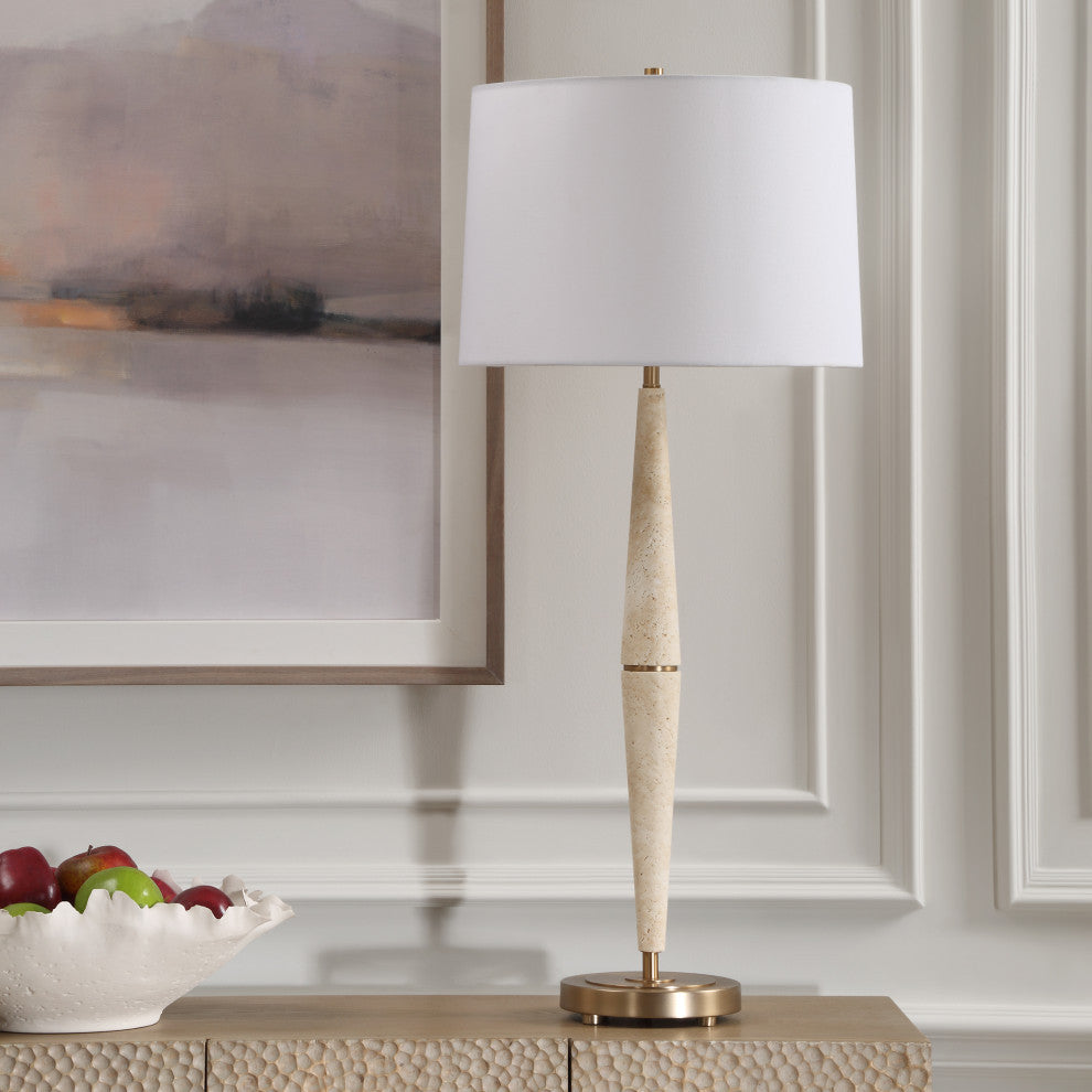 Contemporary Tapered Beige Travertine Stone 38in Slim Pole Table Lamp Minimalist